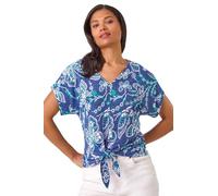 Roman Originals Floral Print Tie Front Stretch Top for Women UK - Ladies Everyday Holiday Spring Summer Notch Neckline Comfy Soft Evening Vacation Work Party - Blue - Size 14