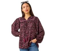 Roman Originals Floral Print Tie Front Top for Women UK - Ladies Everyday Autumn Winter Neckline Tie Comfy Soft Evening Vacation Work Party Night Out - Purple - Size 10