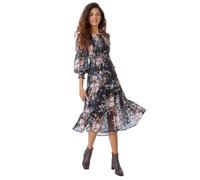 Roman Originals Floral Print Tiered Shirred Midi Dress for Women UK - Ladies Spring Everyday Summer Holiday Autumn Winter Pull-On Comfy Soft Vacation Work - Black - Size 10