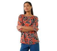 Roman Originals Floral Print Tunic Top for Women UK - Ladies Everyday Holiday Spring Summer Round Neckline Comfy Soft Evening Vacation Work Party - Orange - Size 14