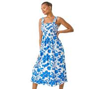Roman Originals Floral Shirred Midi Dress for Women UK - Ladies Everyday Holiday Spring Summer Square Neckline Comfy Soft Evening Vacation Work Party - Blue - Size 10