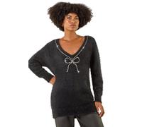 Roman Originals Fluffy Sparkly Bow Knit Jumper for Women UK - Ladies Everyday Autumn Winter V-Neckline Comfy Soft Evening Vacation Work Party Night Out - Black - Size 20