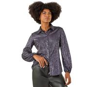 Roman Originals Foil Plisse Button Through Blouse for Women UK - Ladies Everyday Autumn Winter Shirt Style Collar Comfy Soft Evening Vacation Work Party Night Out - Midnight Blue - Size 12