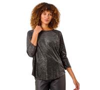 Roman Originals Foil Spot Print Velvet Top for Women UK - Ladies Everyday Autumn Winter Round Neckline Comfy Soft Evening Vacation Work Party Night Out - Black - Size 12