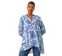 Roman Originals Foral Print Tunic Top for Women UK Ladies Casual Shirt Smart Blouse Asymmetric Wrap Hem Spring Summer Holiday Party Beach Cruise 3/4 Sleeve Longline Oversized - Blue Ivory - Size 12