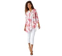 Roman Originals Foral Print Tunic Top for Women UK Ladies Casual Shirt Smart Blouse Asymmetric Wrap Hem Spring Summer Holiday Party Beach Cruise 3/4 Sleeve Longline Oversized - Coral - Size 10