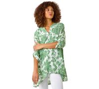 Roman Originals Foral Print Tunic Top for Women UK Ladies Casual Shirt Smart Blouse Asymmetric Wrap Hem Spring Summer Holiday Party Beach Cruise 3/4 Sleeve Longline Oversized - Floral Green - Size 12
