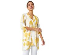 Roman Originals Foral Print Tunic Top for Women UK Ladies Casual Shirt Smart Blouse Asymmetric Wrap Hem Spring Summer Holiday Party Beach Cruise 3/4 Sleeve Longline Oversized - Yellow - Size 16