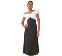 Roman Originals Frill Contrast Bardot Dress for Women UK - Ladies Everyday Autumn Winter Comfy Soft Evening Vacation Work Party Night Out - Black White - Size 18