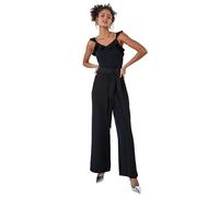 Roman Originals Frill Detail Wide Leg Jumpsuit for Women UK - Ladies Everyday Holiday Spring Summer V Neckline Comfy Soft Evening Vacation Work Party - Black - Size 12