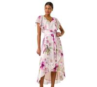 Roman Originals Frill Dress for Women UK Ladies Summer Wrap Chiffon Frill Hem Layered Belted Midi Maxi Tiered Cape Special Occasion Fit & Flare Wedding Guest Swing Skater - Pink Floral - Size 12
