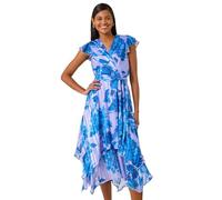 Roman Originals Frill Dress for Women UK Ladies Summer Wrap Chiffon Frill Hem Layered Belted Midi Maxi Tiered Cape Special Occasion Fit & Flare Wedding Guest Swing Skater - Floral Blue - Size 18