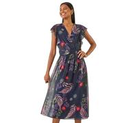 Roman Originals Frill Dress for Women UK Ladies Summer Wrap Chiffon Frill Hem Layered Belted Midi Maxi Tiered Cape Special Occasion Fit & Flare Wedding Guest Swing Skater - Navy Floral - Size 14