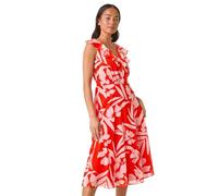 Roman Originals Frill Dress For Women UK Ladies Summer Wrap Chiffon Frill Hem Layered Belted Midi Maxi Tiered Cape Special Occasion Fit & Flare Wedding Guest Swing Skater - Petite Red Floral - Size 16