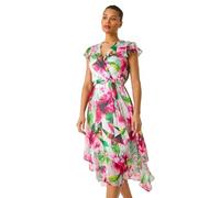 Roman Originals Frill Dress for Women UK Ladies Summer Wrap Chiffon Frill Hem Layered Belted Midi Maxi Tiered Cape Special Occasion Fit & Flare Wedding Guest Swing Skater - Floral Pink - Size 18