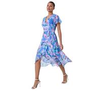Roman Originals Frill Dress for Women UK Ladies Summer Wrap Chiffon Frill Hem Layered Belted Midi Maxi Tiered Cape Special Occasion Fit & Flare Wedding Guest Swing Skater - Light Blue Pink - Size 16