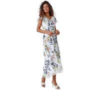 Roman Originals Frill Dress for Women UK Ladies Summer Wrap Chiffon Frill Hem Layered Belted Midi Maxi Tiered Cape Special Occasion Fit & Flare Wedding Guest Swing Skater - Ivory Lime - Size 12