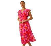 Roman Originals Frill Dress for Women UK Ladies Summer Wrap Chiffon Frill Hem Layered Belted Midi Maxi Tiered Cape Special Occasion Fit & Flare Wedding Guest Swing Skater - Orange Floral - Size 12