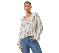 Roman Originals Frill Pleated Peplum Blouse for Women UK - Ladies Everyday Holiday Spring Summer V-Neckline Comfy Soft Evening Vacation Work Party - Ivory Noir - Size 12