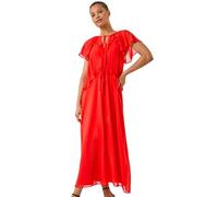 Roman Originals Frill Tie Neck Maxi Dress for Women UK - Ladies Everyday Holiday Spring Summer V-Neckline Comfy Soft Evening Vacation Work Party - Red - Size 20