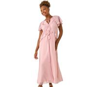 Roman Originals Frill Tie Neck Maxi Dress for Women UK - Ladies Everyday Holiday Spring Summer V-Neckline Comfy Soft Evening Vacation Work Party - Light Pink - Size 18
