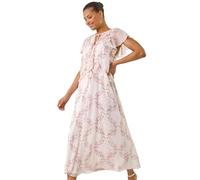 Roman Originals Frill Tie Neck Maxi Dress for Women UK - Ladies Everyday Holiday Spring Summer V-Neckline Comfy Soft Evening Vacation Work Party - Light Pink - Size 16