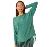 Roman Originals Fringe Hem Knit Jumper for Women UK - Ladies Everyday Autumn Winter Scoop Neckline Comfy Soft Evening Vacation Work Party Night Out - Sage - Size 14 Green