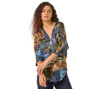 Roman Originals Front Zip Top for Women UK Ladies Brushed Blouse Soft Jumper Smart Casual Work Winter Autumn Spring Warm Long 3/4 Short Sleeve V Neck Sweater T-Shirts - Green Multi - Size 10