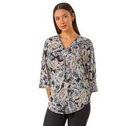 Roman Originals Front Zip Top for Women UK Ladies Brushed Blouse Soft Jumper Smart Casual Work Winter Autumn Spring Warm Long 3/4 Short Sleeve V Neck Sweater T-Shirts - Beige Noir - Size 20