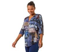 Roman Originals Front Zip Top for Women UK Ladies Brushed Blouse Soft Jumper Smart Casual Work Winter Autumn Spring Warm Long 3/4 Short Sleeve V Neck Sweater T-Shirts - Blue Multi - Size 16
