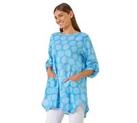 Roman Originals Geometric Pocket Detail Longline Cotton Top for Women UK - Ladies Everyday Holiday Spring Summer Round Neckline Comfy Soft Evening Vacation Work Party - Light Denim - Size 20
