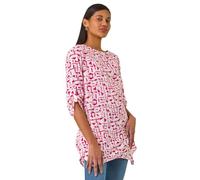 Roman Originals Geometric Pocket Detail Longline Cotton Top for Women UK - Ladies Everyday Holiday Spring Summer Round Neckline Comfy Soft Evening Vacation Work Party - Pink Abstract - Size 12