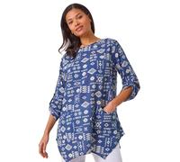 Roman Originals Geometric Pocket Detail Longline Cotton Top for Women UK - Ladies Everyday Holiday Spring Summer Round Neckline Comfy Soft Evening Vacation Work Party - Navy - Size 12