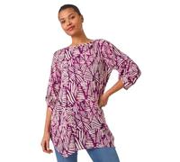 Roman Originals Geometric Pocket Detail Longline Cotton Top for Women UK - Ladies Everyday Holiday Spring Summer Round Neckline Comfy Soft Evening Vacation Work Party - Plum - Size 10