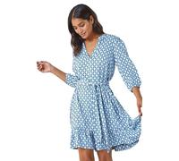Roman Originals Geometric Print Frill Hem Dress for Women UK - Ladies Everyday Holiday Spring Summer V Neckline Comfy Soft Evening Vacation Work Party - Blue - Size 20