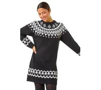 Roman Originals Geometric Print Knitted Shift Dress for Women UK - Ladies Everyday Autumn Winter Round Neckline Comfy Soft Evening Vacation Work Party Night Out - Black - Size 16