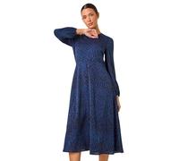 Roman Originals Geometric Print Midi Dress for Women UK - Ladies Everyday Autumn Winter Round Neckline Comfy Soft Evening Vacation Work Party Night Out - Royal Blue - Size 12
