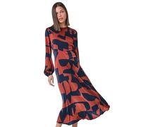 Roman Originals Geometric Print Midi Dress for Women UK - Ladies Everyday Autumn Winter Round Neckline Comfy Soft Evening Vacation Work Party Night Out - Rust - Size 14