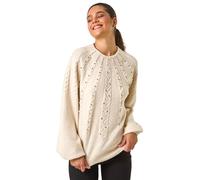 Roman Originals Graduated Faux Pearl Cable Knit Jumper for Women UK - Ladies Everyday Autumn Winter Funnel Neckline Comfy Soft Evening Vacation Work Party Night Out - Natural - Size 18