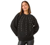 Roman Originals Graduated Faux Pearl Cable Knit Jumper for Women UK - Ladies Everyday Autumn Winter Funnel Neckline Comfy Soft Evening Vacation Work Party Night Out - Black - Size 14