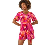 Roman Originals Graphic Print Belted Wrap Playsuit for Women UK - Ladies Everyday Holiday Spring Summer V Neckline Comfy Soft Evening Vacation Work Party - Fuchsia - Size 16