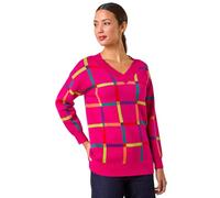 Roman Originals Grid Pattern V-Neck Knit Jumper for Women UK - Ladies Everyday Autumn Winter Round Neckline Comfy Soft Evening Vacation Work Party Night Out - Fuchsia - Size 12