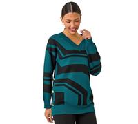 Roman Originals Grid Pattern V-Neck Knit Jumper for Women UK - Ladies Everyday Autumn Winter Round Neckline Comfy Soft Evening Vacation Work Party Night Out - Teal Abstract - Size 14
