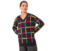 Roman Originals Grid Pattern V-Neck Knit Jumper for Women UK - Ladies Everyday Autumn Winter Round Neckline Comfy Soft Evening Vacation Work Party Night Out - Black Multi - Size 10