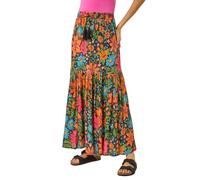 Roman Originals Gypsy Maxi Skirt for Women UK Ladies Tiered Bohemian Long Ankle Length Cotton Elasticated Waistband High Waist Monochrome Lounge Lightweight Holiday - Noir Floral - Size 14