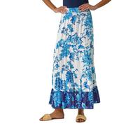 Roman Originals Gypsy Maxi Skirt for Women UK Ladies Tiered Bohemian Long Ankle Length Cotton Elasticated Waistband High Waist Monochrome Lounge Lightweight Holiday - Blue Floral - Size 14
