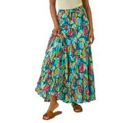 Roman Originals Gypsy Maxi Skirt for Women UK Ladies Tiered Bohemian Long Ankle Length Cotton Elasticated Waistband High Waist Monochrome Lounge Lightweight Holiday - Teal Multi - Size 18