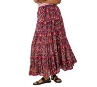 Roman Originals Gypsy Maxi Skirt for Women UK Ladies Tiered Bohemian Long Ankle Length Cotton Elasticated Waistband High Waist Monochrome Lounge Lightweight Holiday - Noir Abstract - Size 14