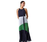 Roman Originals Halterneck Pleated Dress for Women UK Ladies Maxi Midi Sleeveless Formal Wedding Guest Bridemaids Cocktail Party Special Occasion Ascot Races Going Out Evening - Navy & Green - Size 18