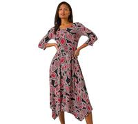 Roman Originals Hanky Hem Swing Dress with Pockets for Women UK Ladies Asymmetric Hemline Stretch Jersey 3/4 Sleeve Winter Smart Casual Work Office Knee Length Tunics - Leaf Red - Size 12